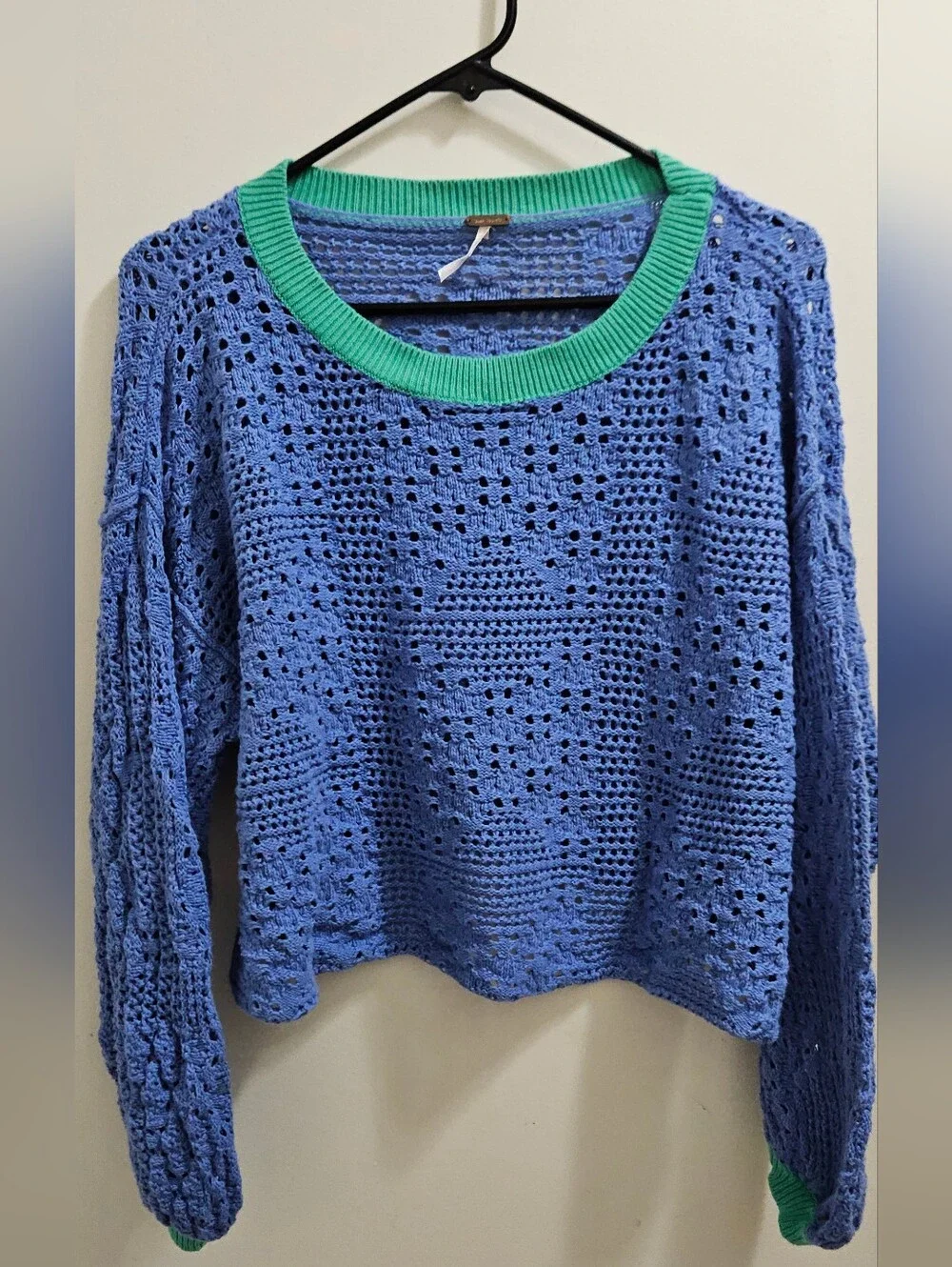 Free People Lavender Crochet Crop Sweater with Mint Trim